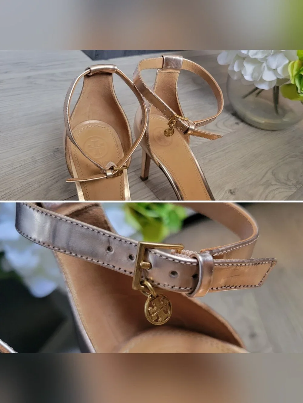 Tory Burch Ellie Ankle-Strap Sandle Heel 85mm Mirror Metallic Spark Rose Gold, 9
